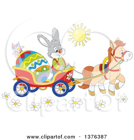 Clipart of a Gray Bunny Rabbit Transporting an Easter Egg in a Horse Drawn Cart on a Sunny Day - Royalty Free Vector Illustration by Alex Bannykh