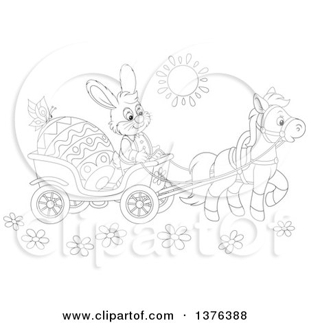 Clipart of a Black and White Bunny Rabbit Transporting an Easter Egg in a Horse Drawn Cart on a Sunny Day - Royalty Free Vector Illustration by Alex Bannykh