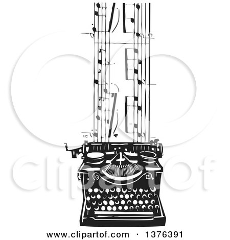 Clipart of a Black and White Woodcut Typewriter and Sheet Music - Royalty Free Vector Illustration by xunantunich