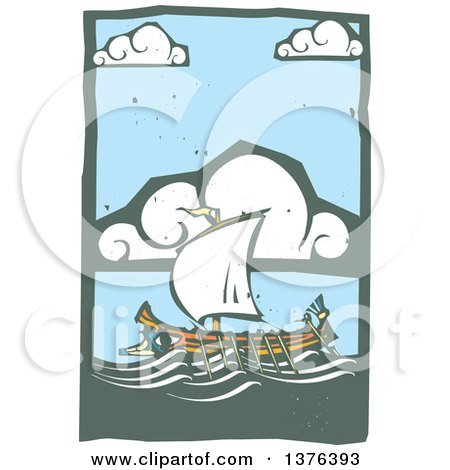 Clipart of a Woodcut Ancient Greek Galley Ship Under a Cloudy Sky - Royalty Free Vector Illustration by xunantunich