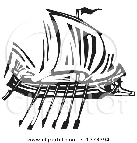 Clipart of a Black and White Woodcut Ancient Greek Galley Ship - Royalty Free Vector Illustration by xunantunich