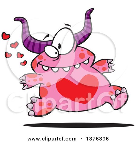 Clipart of a Cartoon Valentine Monster with a Red Heart Belly, Running - Royalty Free Vector Illustration by toonaday