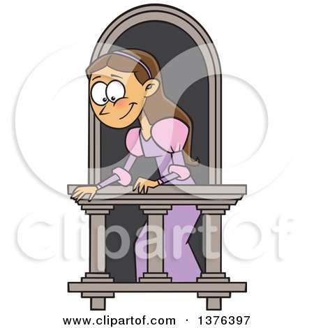 Clipart of a Cartoon Brunette White Woman on a Balcony, Playing Juliet - Royalty Free Vector Illustration by toonaday