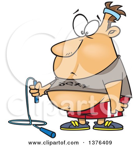 Clipart of a Cartoon Caucasian Fat Man Holding a Jumprope and Wearing a Sexy Shirt, Ready to Work out - Royalty Free Vector Illustration by toonaday