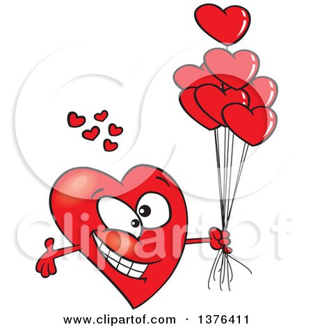 Clipart of a Cartoon Romantic Red Love Heart Character with Open Arms and Balloons - Royalty Free Vector Illustration by toonaday