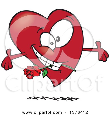 Clipart of a Cartoon Romantic Red Love Heart Character with Open Arms and a Rose in His Mouth - Royalty Free Vector Illustration by toonaday