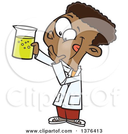 Clipart of a Cartoon Black School Boy Holding up a Beaker in Science Class - Royalty Free Vector Illustration by toonaday