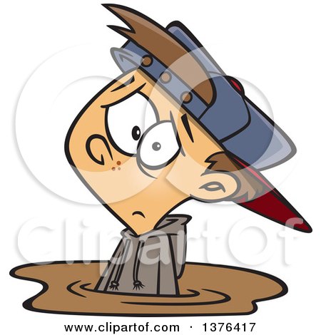 Clipart of a Cartoon Depressed White Boy Stuck in a Puddle of Mud - Royalty Free Vector Illustration by toonaday