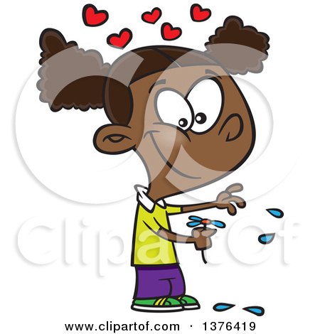 Clipart of a Cartoon Happy Black Girl Playing He Loves Me Loves Me with Flower Petals - Royalty Free Vector Illustration by toonaday