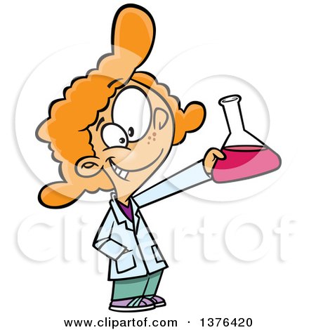 Clipart of a Cartoon Red Haired White School Girl Holding up a Beaker in Science Class - Royalty Free Vector Illustration by toonaday