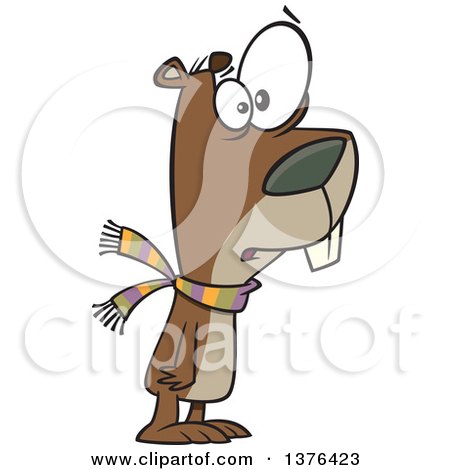 Clipart of a Cartoon Worried Groundhog Wearing a Scarf - Royalty Free Vector Illustration by toonaday