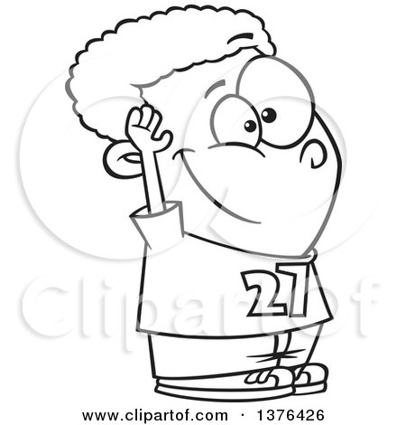 Clipart of a Cartoon Black and White  African School Boy Raising a Hand - Royalty Free Vector Illustration by toonaday