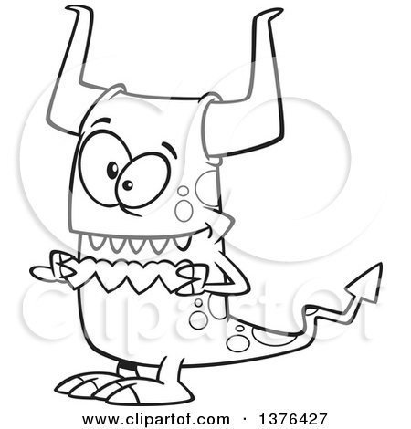 Clipart of a Cartoon Black and White  Valentine Monster Holding a String of Paper Hearts - Royalty Free Vector Illustration by toonaday