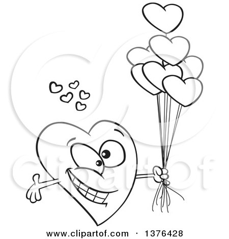 Clipart of a Cartoon Black and White  Romantic Love Heart Character with Open Arms and Balloons - Royalty Free Vector Illustration by toonaday