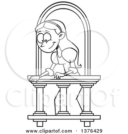 Clipart of a Cartoon Black and White  Woman on a Balcony, Playing Juliet - Royalty Free Vector Illustration by toonaday