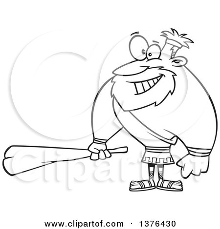 Clipart of a Cartoon Black and White  Hercules Holding a Club - Royalty Free Vector Illustration by toonaday