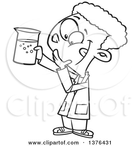 Clipart of a Cartoon Black and White  African School Boy Holding up a Beaker in Science Class - Royalty Free Vector Illustration by toonaday