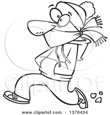 Clipart of a Cartoon Black and White  Man Bundled up and Running in the Cold - Royalty Free Vector Illustration by toonaday