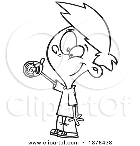 Clipart of a Cartoon Black and White  Happy Boy Adjusting a Household Thermostat - Royalty Free Vector Illustration by toonaday