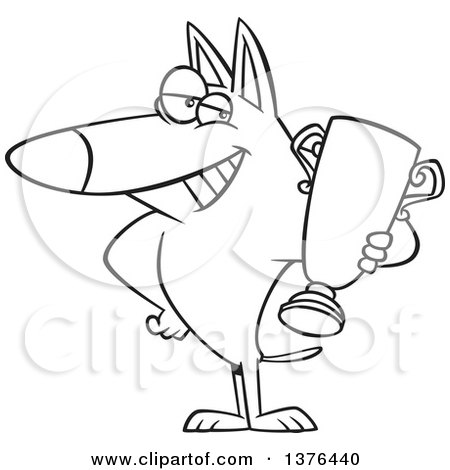 Clipart of a Cartoon Black and White  Proud Dog Champion Holding a Trophy - Royalty Free Vector Illustration by toonaday