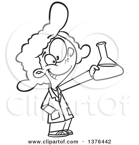Clipart of a Cartoon Black and White  School Girl Holding up a Beaker in Science Class - Royalty Free Vector Illustration by toonaday