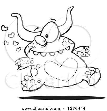 Clipart of a Cartoon Black and White  Valentine Monster with a Heart Belly, Running - Royalty Free Vector Illustration by toonaday