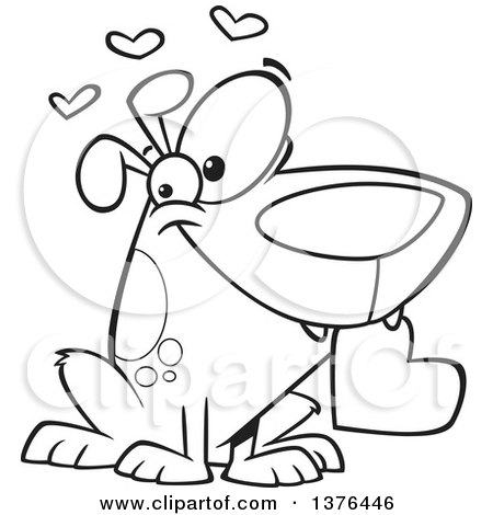 Clipart of a Cartoon Black and White  Sweet Loving Dog Holding a Valentine Heart in His Mouth - Royalty Free Vector Illustration by toonaday