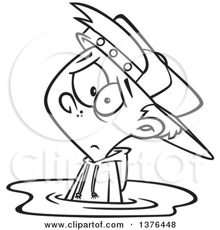 Clipart of a Cartoon Black and White  Depressed Boy Stuck in a Puddle of Mud - Royalty Free Vector Illustration by toonaday