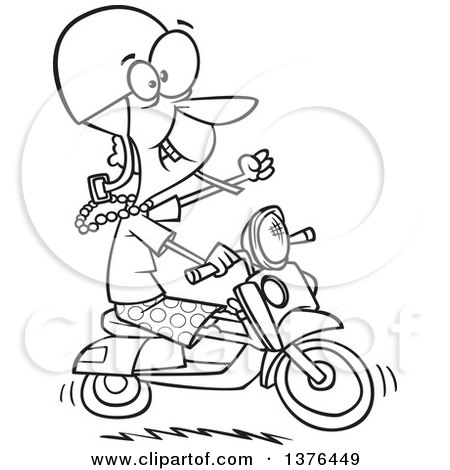 Clipart of a Cartoon Black and White  Adventurous Granny Riding a Scooter - Royalty Free Vector Illustration by toonaday