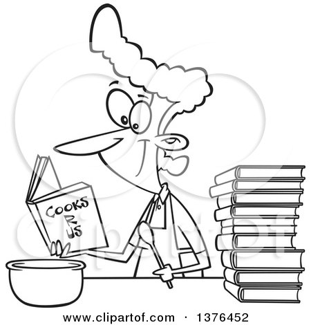 Clipart of a Cartoon Black and White  Woman Learning to Cook with Books - Royalty Free Vector Illustration by toonaday
