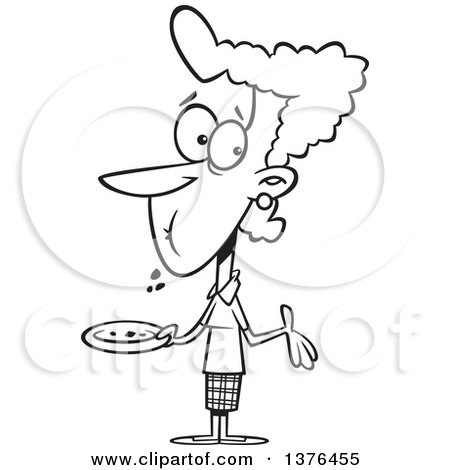 Clipart of a Cartoon Black and White  Woman with a Full Mouth, Shrugging and Holding a Plate After Eating Cake - Royalty Free Vector Illustration by toonaday