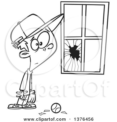 Clipart of a Cartoon Black and White  Worried Boy Standing Next to a Window Broken by a Baseball - Royalty Free Vector Illustration by toonaday