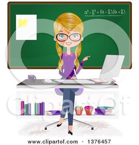Clipart of a Blond Caucasian Female Teacher Sitting at a Desk in Front of a Chalk Board - Royalty Free Vector Illustration by Melisende Vector
