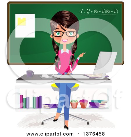 Clipart of a Brunette Caucasian Female Teacher Sitting at a Desk in Front of a Chalk Board - Royalty Free Vector Illustration by Melisende Vector