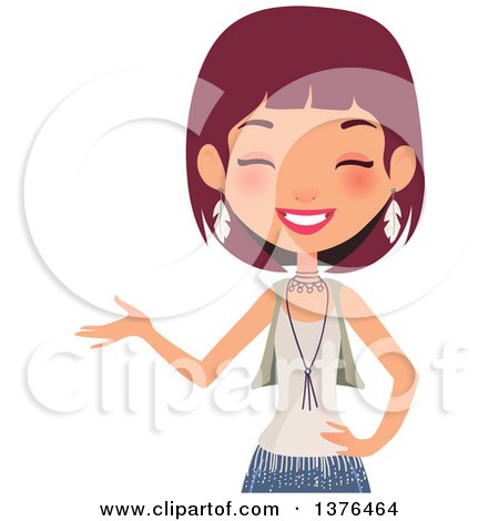 Clipart of a Happy Red Haired Caucasian Boho Chic Woman Presenting - Royalty Free Vector Illustration by Melisende Vector