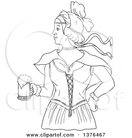Clipart of a Black and White Lineart Styled Retro Victorian Beer Maiden Holding a Mug - Royalty Free Vector Illustration by patrimonio