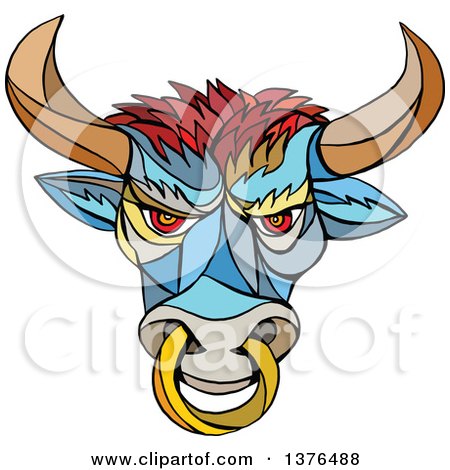 Clipart of a Colorful Mosaic Angry Bull with a Ring - Royalty Free Vector Illustration by patrimonio