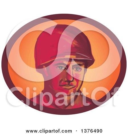 Clipart of a Retro Watercolor Styled WWII American Soldier Wearing a Helmet in an Oval - Royalty Free Vector Illustration by patrimonio