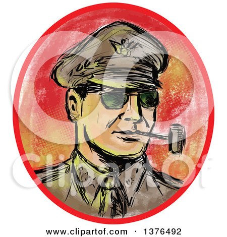 Clipart of a Watercolor and Sketch Styled Ww2 General Officer Smoking a Pipe in an Oval - Royalty Free Vector Illustration by patrimonio