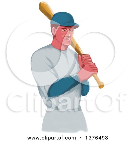 Clipart of a Retro Watercolor Styled White Male Baseball Player Athlete Holding a Bat - Royalty Free Vector Illustration by patrimonio