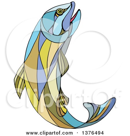 Clipart of a Colorful Mosaic Jumping Trout Fish - Royalty Free Vector Illustration by patrimonio