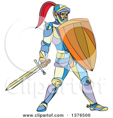 Clipart of a Colorful Mosaic Knight Holding a Sword and Shield - Royalty Free Vector Illustration by patrimonio