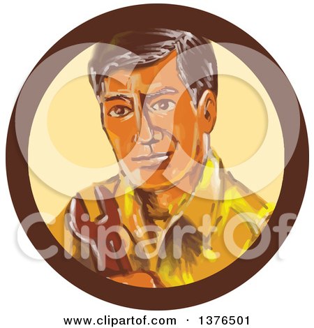 Clipart of a Retro Watercolor Sytled Mechanic Man Holding a Spanner Wrench in a Circle - Royalty Free Vector Illustration by patrimonio