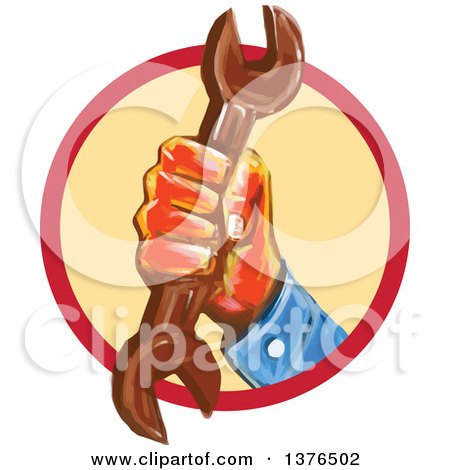 Clipart of a Watercolor Styled Male Mechanics Hand Holding a Wrench in a Circle - Royalty Free Vector Illustration by patrimonio