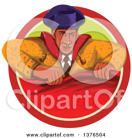 Clipart of a Retro Watercolor Styled Bullfighter Matador Holding a Cape in a Circle - Royalty Free Vector Illustration by patrimonio