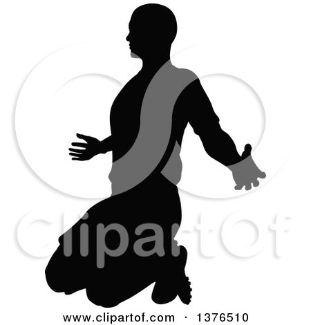 Clipart of a Black Silhouetted Male Soccer Player Kneeling - Royalty Free Vector Illustration by AtStockIllustration