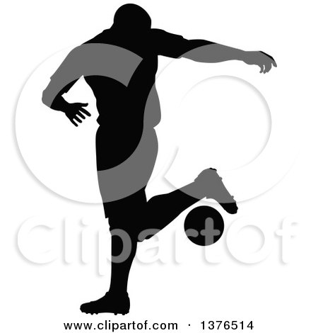 Clipart of a Black Silhouetted Male Soccer Player Athlete in Action - Royalty Free Vector Illustration by AtStockIllustration