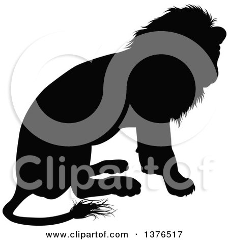 Clipart of a Black Silhouetted Male Lion Sitting - Royalty Free Vector Illustration by AtStockIllustration