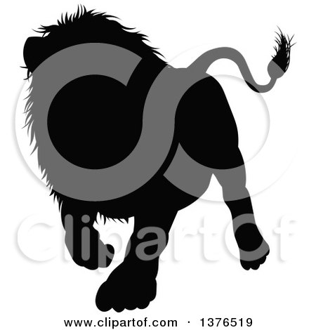 Clipart of a Black Silhouetted Male Lion Walking - Royalty Free Vector Illustration by AtStockIllustration