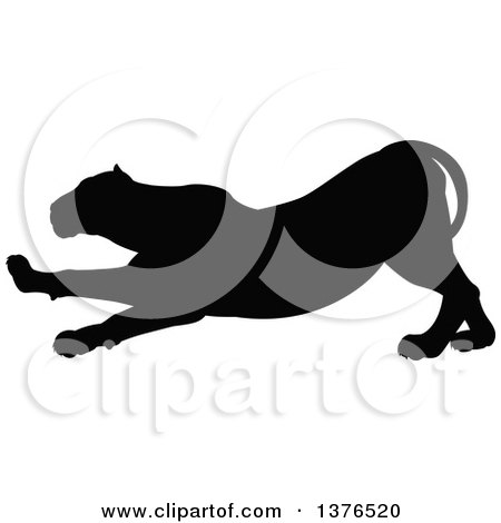 Clipart of a Black Silhouetted Male Lioness Stretching - Royalty Free Vector Illustration by AtStockIllustration